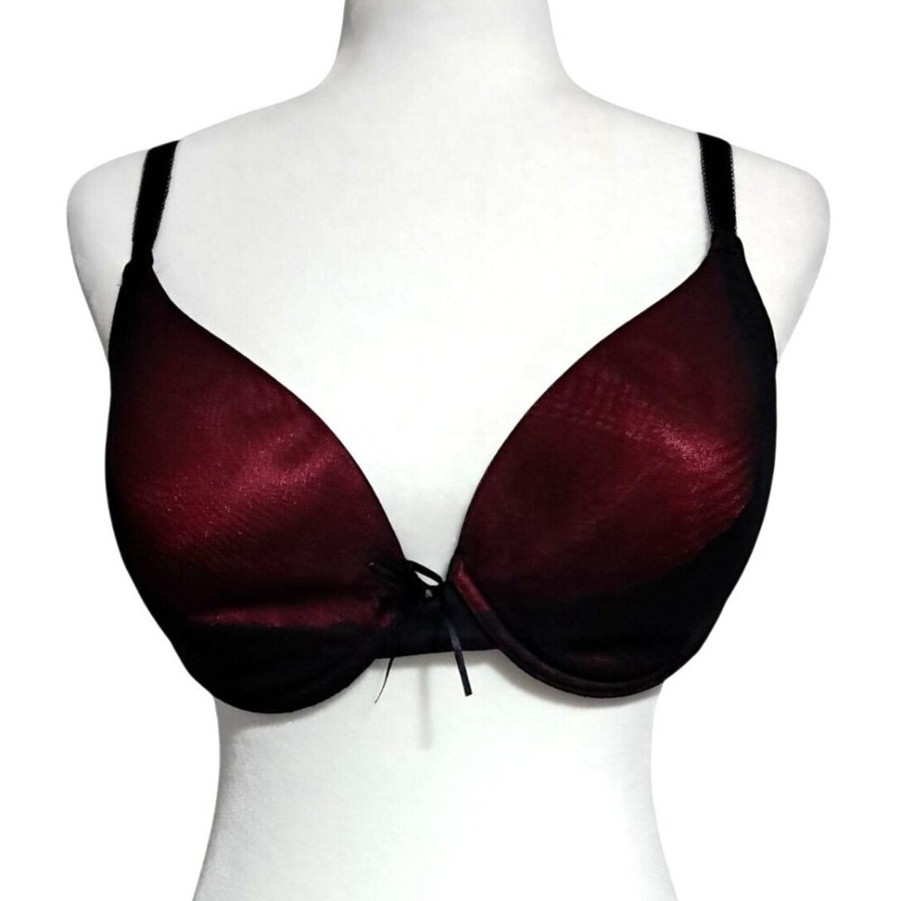 Y2K Vassarette Push Up Bra 40C Red to Black Ombre Sexy Satin Shine Bow Accent Vi